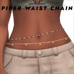 a woman's waist with colorful beads on the bottom and gold chain around her waist