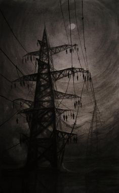 black and white photograph of power lines in the night sky with full moon behind them