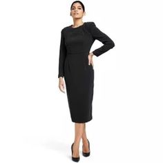 New! Sergio Hudson X Target Dress Strong Shoulder Midi A-Line Black Size Xxs Own Your Chic Style With The Long-Sleeve Strong Shoulder Midi Dress From Sergio Hudson Target. Made From A Soft Fabric Blend With A Touch Of Spandex, This Dress Is Designed In A Solid Black Hue With A Crew Neckline And Half-Length Zipper In Back And On The Sleeves. A Slim-Fit Silhouette, Padded Shoulders And Midi Length Complete The Super-Stylish Look. Material: 61% Polyester 32% Recycled Polyester 7% Spandex Material L Black Bodycon Dress For Office Wear, Black Bodycon Midi Dress For Work, Black Fitted Midi Dress For Office, Fitted Black Midi Dress For Office, Classic Black Sheath Midi Dress, Chic Black Midi Dress For Office Wear, Sergio Hudson, Happy Dresses, Lace Top Dress