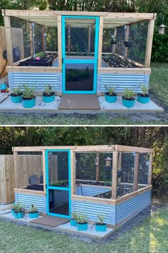 two pictures of the inside of a chicken coop with plants growing in it and on top