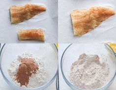 four pictures showing how to make fish fillets with flour and seasoning in bowls