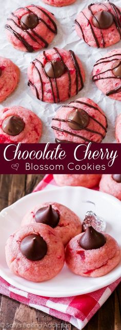 chocolate cherry blossom cookies on a white plate with text overlay that reads, chocolate cherry blossom cookies