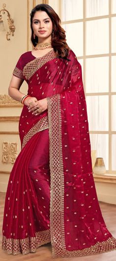 Red and Maroon color Saree in Silk fabric with Embroidered, Sequence, Thread work Red Saree With Dori Work For Reception, Red Embroidered Art Silk Fabric With Cutdana, Red Dola Silk Embroidered Fabric With Cutdana, Red Dola Silk Embroidered Fabric For Diwali, Red Embroidered Dola Silk Fabric For Diwali, Red Embroidered Fabric With Cutdana In Traditional Drape, Festive Red Embroidered Dola Silk Fabric, Red Embroidered Fabric With Cutdana For Traditional Drape, Red Dola Silk Embroidered Fabric For Wedding