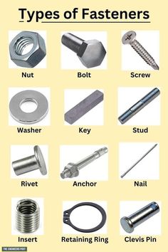 different types of fasteners are shown in this image, including nuts and bolts