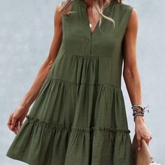 Lightweight Sleeveless Tiered Baby Doll Style Dress. Such A Great Layering Piece Any Time Of Year. Nylon 20%, Viscose 80% Ruffle Dress Casual, Sleeveless Skirt, Short Summer Dresses, Solid Color Dress, Sleeves Clothing, Daily Dress, Estilo Boho, Solid Dress, Womens Clothing Sizes