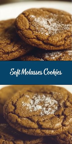 soft molasss cookies are stacked on top of each other with powdered sugar