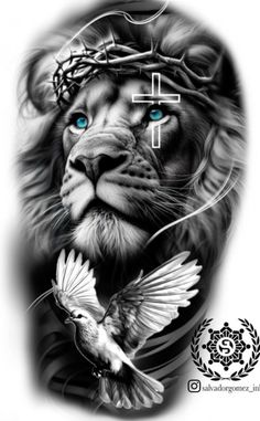 a lion with blue eyes and a crown on his head is shown in this tattoo design