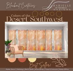 an advertisement for the color of the desert southwest, featuring a chair and window treatments