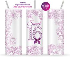 the sweet sixteen birthday candle is decorated with purple and white flowers, which are on display