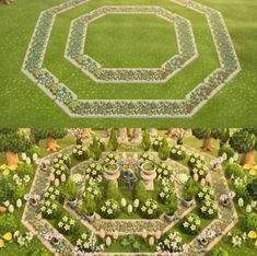 an aerial view of a garden with flowers and trees in the center, surrounded by green grass