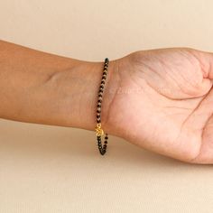 925 Silver Mangalsutra Bracelet, Indian Fancy Wrist Mangalsutra, Gift For Her, Daily Wear Dainty Black Beaded Bracelets With Tiny Beads, Traditional Black Beaded Bracelets With Tiny Beads, Traditional Black Bracelet With Gemstone Beads, Bracelet Mangalsutra, Chain With Black Beads, Silver Mangalsutra, Mangalsutra Bracelet, Bracelet Indian, Colored Gemstones