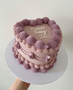 Small heart shaped vintage 26th birthday cake with mauve frosting and Pisces baby written on it Mauve Birthday Cake, Mauve Cake, Pisces Birthday Cake, 34 Birthday, 26 Birthday Cake, Heart Birthday Cake, Personalised Cakes, Modern Birthday Cakes, Bolo Vintage