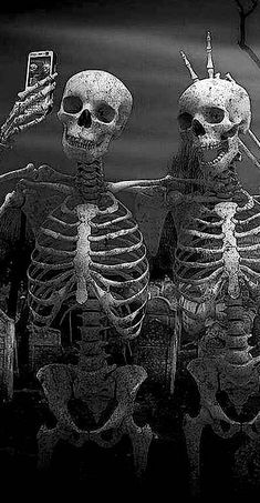 two skeletons sitting next to each other in front of a tree