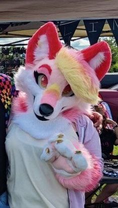 two people in animal costumes standing next to each other at an outdoor event, one wearing a fox costume