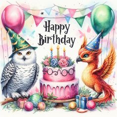 an owl and bird are sitting in front of a birthday cake