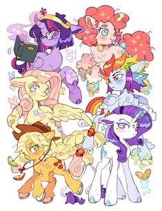 many different types of ponies standing next to each other