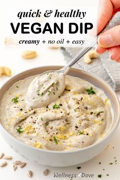 a bowl of vegan dip with cashews in the background and text overlay that reads quick & healthy vegan dip cream + no oil + easy