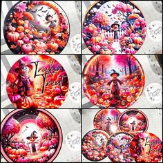 four pictures of halloween themed plates with pumpkins