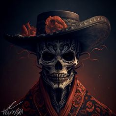 a skeleton wearing a hat with flowers on it