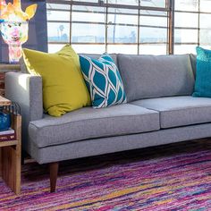 a gray couch with colorful pillows and a giraffe head on the wall behind it