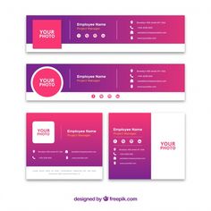 three different business cards with purple and pink colors on the front, back and side