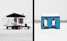 two pictures of houses in the snow with penguins painted on them