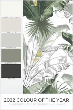 the color scheme is shown in shades of gray, green and yellow with tropical leaves