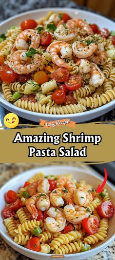 two pictures of pasta with shrimp and tomatoes in it, one has tomato slices on the side