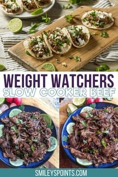 slow cooker beef tacos with limes and cilantro on the side