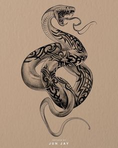 a black and white drawing of a snake with intricate designs on it's body