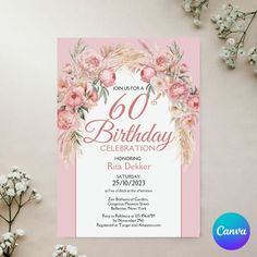 a floral birthday party card with pink flowers and greenery on the front, along with baby's breath