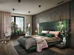 an image of a bedroom setting with green headboard and pillows on the bed in front of a large window