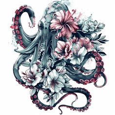 Kraken Tattoo Artwork Set Hummingbird Back Tattoo Women, Skull Calf Tattoos For Women, Female Sailor Tattoo, 3 Jellyfish Tattoo, Mermaid Tattoo With Flowers, Black And White Ocean Tattoo, Octopus With Flowers Tattoo, Coverup Tattoo Ideas For Women Shoulder, Thigh Piece Tattoo For Women