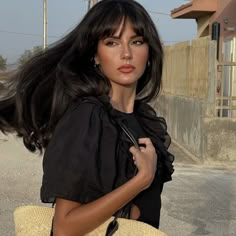 Paris Hairstyles Parisians Haircuts, Retro Hairstyles With Bangs, Brunette Bangs Aesthetic, Paola Cossentino Hair, Wispy Front Bangs Long Hair, Black Hair Bangs Aesthetic, Bangs Aesthetics, Classy Bangs, Dark Feminine Hair