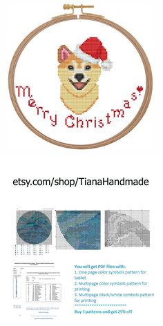 a cross stitch pattern with the words merry christmas and a dog wearing a santa hat