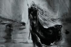 a black and white drawing of a woman with long hair walking in the rain, holding an umbrella