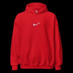 This hoodie features the word "حب" ("Hob," meaning "Love" in Arabic) embroidered in a sleek, minimalist design reminiscent of the iconic Nike swoosh. The word is carefully stitched at an angle, resembling a checkmark, and positioned prominently on the left chest. The embroidery is done in a clean, contrasting color, giving it a subtle yet impactful appearance against the hoodie's fabric. This design merges the concepts of love and style in a modern, understated way, making it a perfect choice fo Red Hoodie With Embroidered Logo For Streetwear, Love In Arabic, Hoodie Fabric, Meaningful Messages, In Arabic, Nike Swoosh, Contemporary Fashion, Contrasting Colors, Minimalist Design