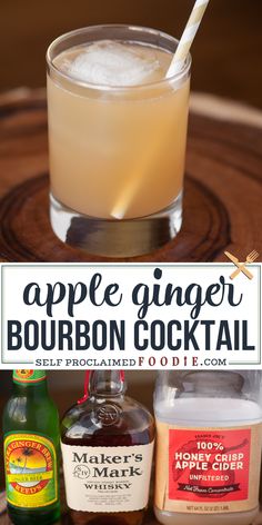 an apple ginger bourbon cocktail in a glass on a wooden table with ingredients to make it