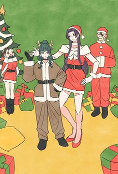 a group of people dressed up in christmas costumes standing around a tree with presents on the ground