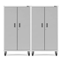 two metal storage cabinets with wheels on each side and one door open to the other