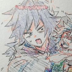 a drawing of two anime characters with colored pencils on paper in front of them