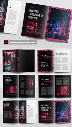 an open magazine with pink and black designs on the front, back and side pages