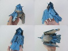 four pictures of different types of blue and grey paper birds, one being folded in half