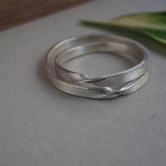 two silver rings sitting next to each other on top of a table with a plant