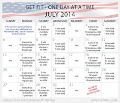 a calendar with the words get fit - one day at a time on it and an american flag