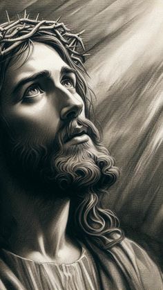 a black and white drawing of jesus with the crown of thorns on his head, looking up