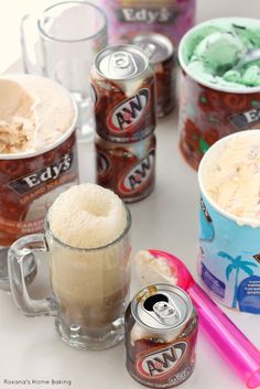 ice cream and soft drinks are on the table