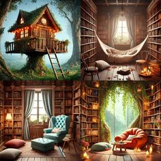 there is a tree house in the middle of two bookshelves and an open window