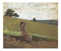 a painting of a woman sitting on the ground in front of a green field with trees