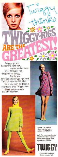 SWEET JANE: Twiggy-Rigs are the Greatest! 1967 vintage fashion, retro fashion ads, Twiggy model, 1960s London, Swinging Sixties, 60s 70s Fashion, 60s And 70s Fashion